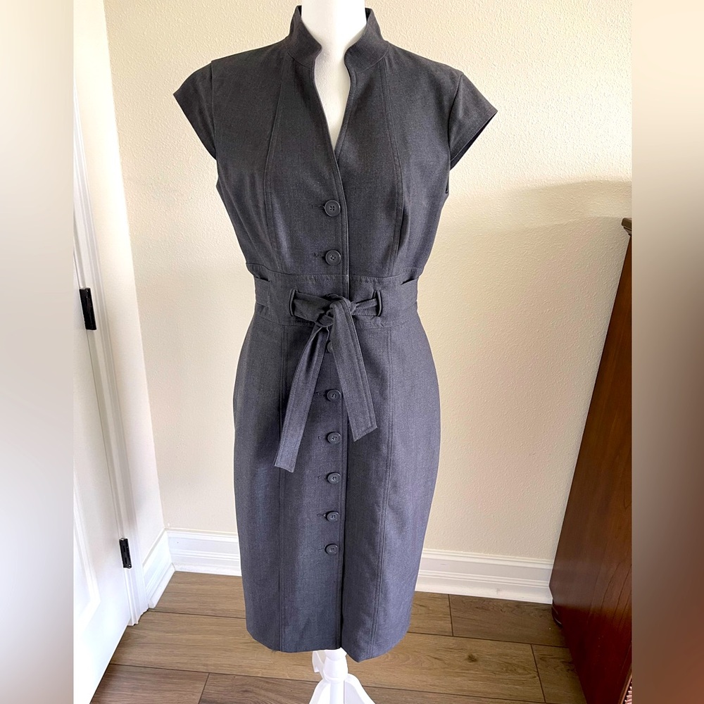 Calvin Klein Size 4 Button Down Charcoal Gray Career Dress Stretch Sheath